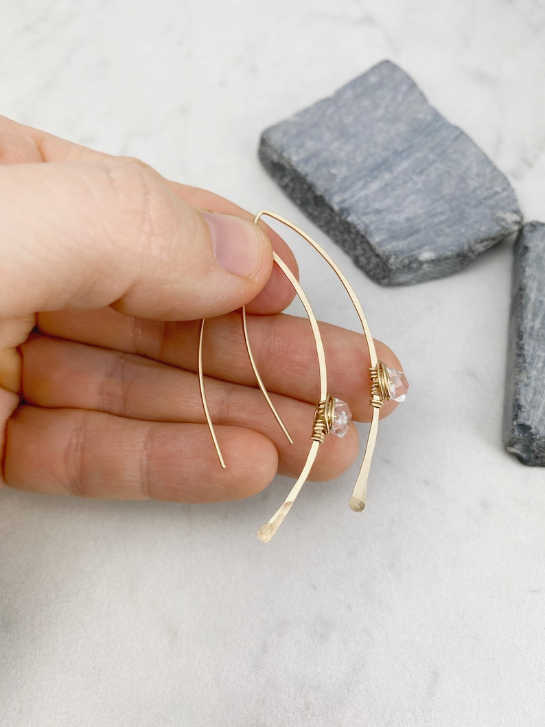 Hammered Gold Threader Earrings with Herkimer Diamonds, minimalist earrings, delicate earrings, gold earrings, open hoops image 8