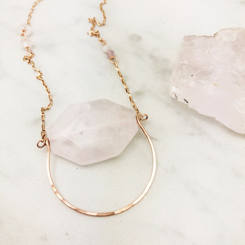 boho necklace rose gold necklace Handmade Rose Gold and Rose Quartz Pendant stone pendant gemstone necklace healing stone