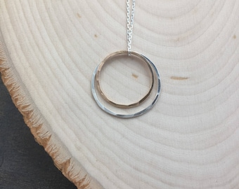 Gold and Sterling Silver Circle Necklace, hammered circle necklace, karma necklace, dainty necklace, eternity necklace, mixed metal necklace