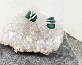 Sterling Silver Wrapped Malachite Stud Earrings, Minimalist, Post, Studs,  Birthstone Jewelry