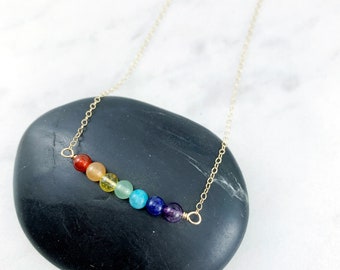 Rainbow Gemstone Bar Necklace: Delicate Gold Chain, Pride Jewelry