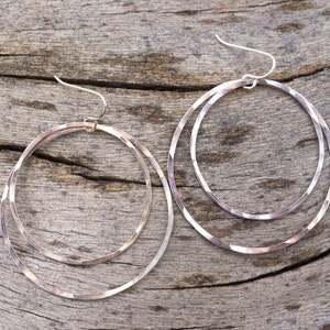 Large Sterling Silver Double Hoop Earrings, silver hammered earrings, circle jewelry, lightweight hoops, delicate earrings image 1