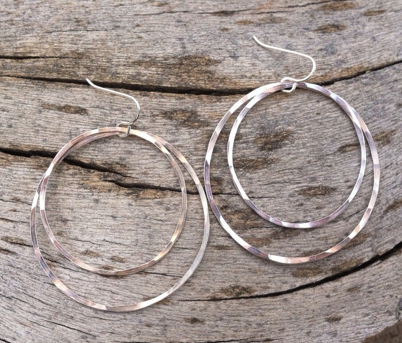 Large Sterling Silver Double Hoop Earrings, silver hammered earrings, circle jewelry, lightweight hoops, delicate earrings image 1