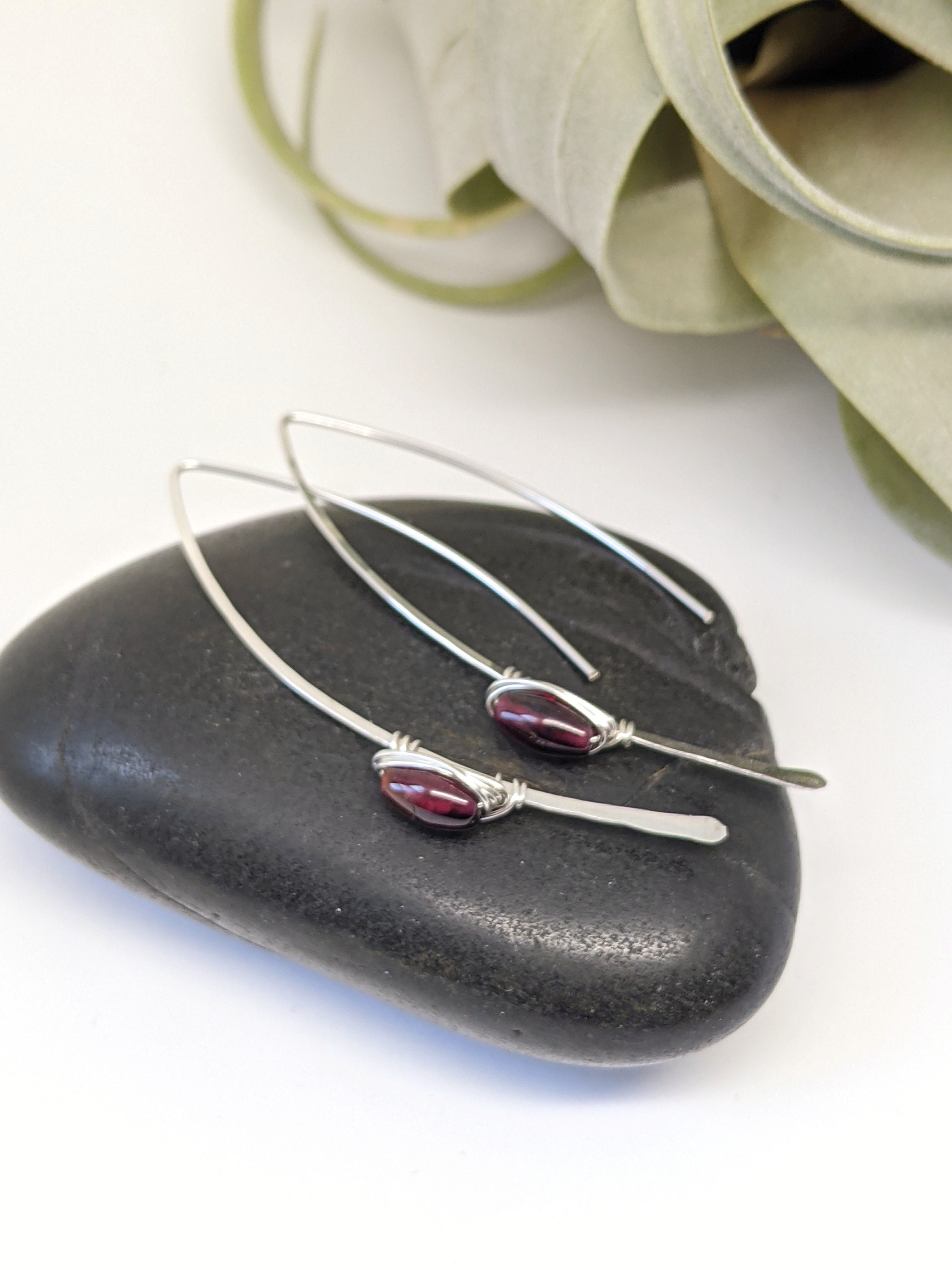 Silver Garnet Threader Earrings, Minimalist Earrings