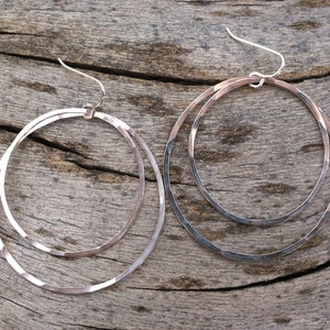 Large Sterling Silver Double Hoop Earrings, silver hammered earrings, circle jewelry, lightweight hoops, delicate earrings image 5