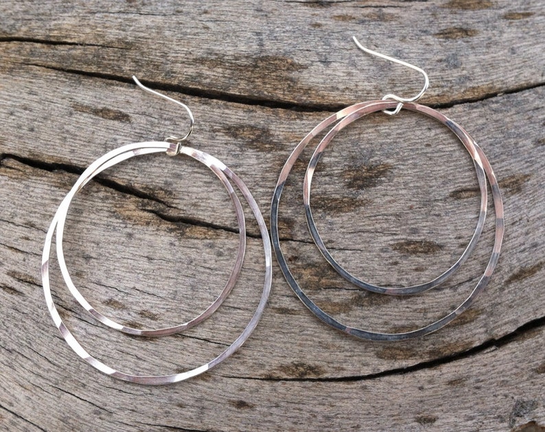 Large Sterling Silver Double Hoop Earrings, silver hammered earrings, circle jewelry, lightweight hoops, delicate earrings image 5