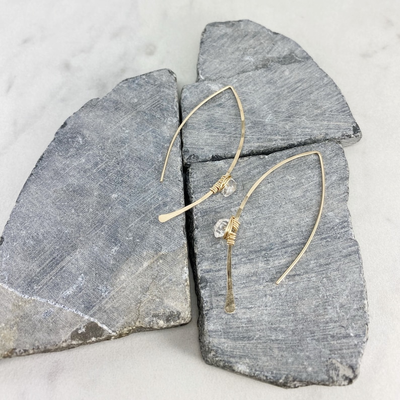 Hammered Gold Threader Earrings with Herkimer Diamonds, minimalist earrings, delicate earrings, gold earrings, open hoops image 3