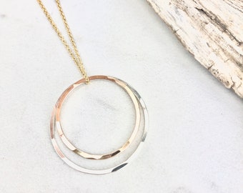 Gold and Sterling Silver Circle Necklace, hammered circle necklace, karma necklace, dainty necklace, eternity necklace, mixed metal necklace