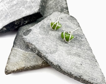 Sterling Silver Wrapped Jade Stud Earrings, Minimalist, Post, Studs, Jade Earrings, Birthstone Jewelry