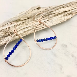Hand Forged Rose Gold Lapis Teardrop Earrings: Asymmetric Boho Style