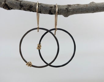 Oxidized Silver Hoops Earrings, Silver Hoops with Gold Wraps, mixed metal hoops, open circle earrings, hoop earrings, everyday earrings