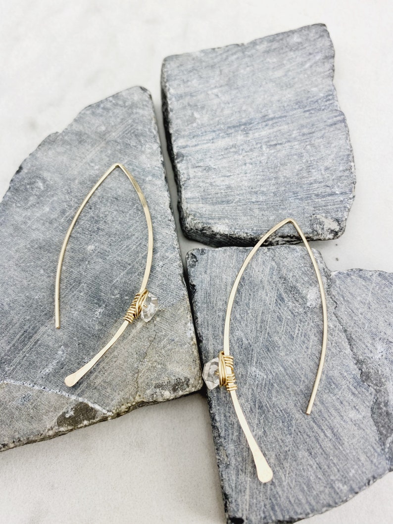 Hammered Gold Threader Earrings with Herkimer Diamonds, minimalist earrings, delicate earrings, gold earrings, open hoops image 9