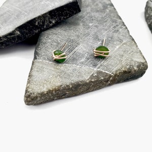Rose Gold Wrapped Jade Stud Earrings: Minimalist Birthstone Jewelry