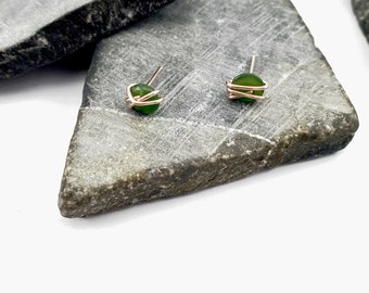 14 K Rose Gold Wrapped Jade Stud Earrings, Minimalist, Post, Studs, Jade Earrings, 14K Rose Gold Filled, Birthstone Jewelry