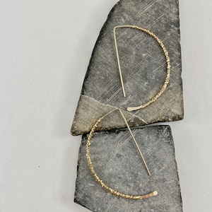 Gold Filled Half Moon Threader Earrings: Hammered Minimalist Hoops