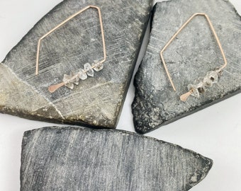 Rose Gold Open Kite Earrings with Herkimer Diamonds, Hammered Earrings, hammered earrings, geometric earrings, kite shaped earrings