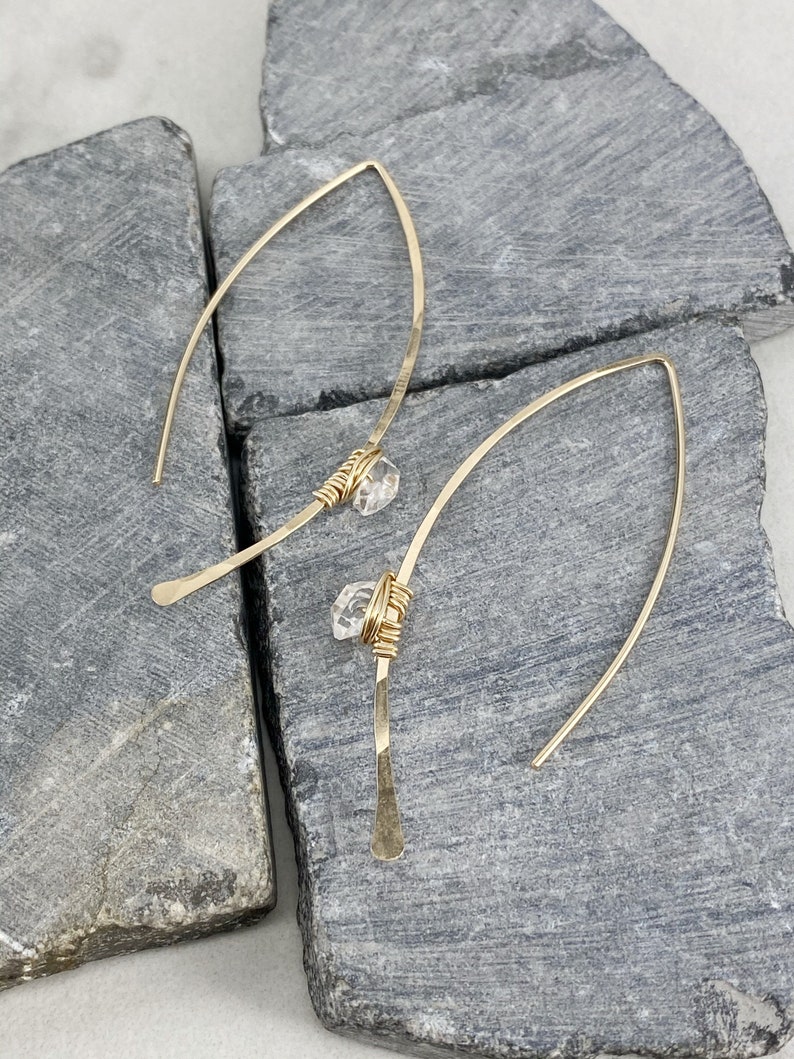 Hammered Gold Threader Earrings with Herkimer Diamonds, minimalist earrings, delicate earrings, gold earrings, open hoops image 4