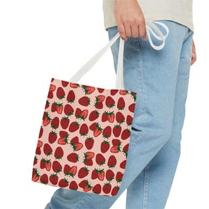 Strawberry Print Tote Bag - Reusable Grocery Bag, Farmer&#39;s Market Tote, Fruit Pattern Shopping Bag, Summer Beach Tote, Eco-Friendly Purse