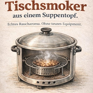 Könnte beinhalten: Illustration eines DIY-Tischräucherofens aus einem Suppentopf. Das Bild zeigt einen Metalltopf mit Deckel, einen Grill und Essen im Inneren, mit aufsteigendem Dampf. Der Text auf dem Bild lautet "DIY Tischsmoker aus einem Suppentopf."