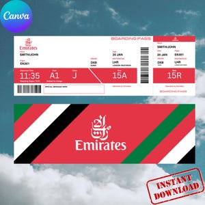 Op de afbeelding: Een digitaal Emirates boarding pass-ontwerp met het logo en de branding van de luchtvaartmaatschappij. De pas bevat vluchtgegevens zoals vertrektijd, gate, stoelnummer en bestemming. Het ontwerp heeft rode, witte, zwarte en groene kleuren. De woorden "Instant Download" zijn ook zichtbaar.