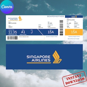 Op de afbeelding: Een Singapore Airlines instapkaart met de naam SMITH/JOHN, vlucht SQ001 en een vertrektijd van 11:35 uur. De bestemming is London Heathrow (LHR). De pas is overwegend wit, blauw en geel.