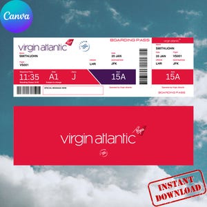 Plantilla de tarjeta de embarque editable y personalizada – Invitación para billete de viaje de Virgin Atlantic (Descarga digital)