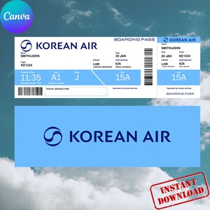 Op de afbeelding: Een digitaal instapkaartontwerp voor Korean Air, met het logo van de luchtvaartmaatschappij en vluchtgegevens. De kaart bevat de naam van de passagier, het vluchtnummer, de vertrektijd, de datum, de herkomst, de bestemming en het stoelnummer.