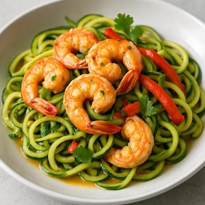 Puede incluir: Un cuenco blanco lleno de fideos de calabacín, cubiertos con gambas cocidas y pimientos rojos. El cilantro fresco añade un toque de verde. Las gambas son de color naranja brillante.