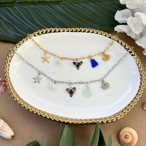 Water Resistant Ocean Charm Necklace | Shark Tooth Necklace | Sea Glass Jewelry | Beach Necklace | Ocean Jewelry | Shark Necklace
