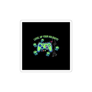 Puede incluir: Adhesivo con fondo negro con un mando de videojuegos verde y azul pixelado decorado con luces navideñas y un bastón de caramelo. El texto "LEVEL UP YOUR HOLIDAYS!" está encima del mando, con cajas de regalo y una silueta de mujer.