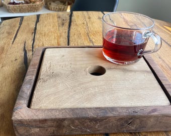 Rustic Wooden Tea Tray – Handcrafted Solid Oak Tea Serving Board with Drain Hole
