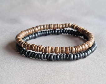 Coconut Wood Beaded Bracelet Set for Men, Minimalist Style