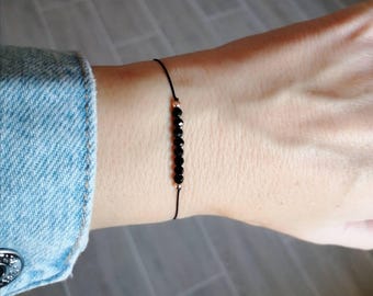 Petite Black Tourmaline Bracelet, Rose Gold Charm, Protection Jewelry