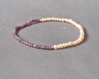 Semiprecious ruby crystal bracelet with freshwater pearls and copper elements