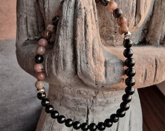 Petite Black Tourmaline Rhodonite Bracelet, Sterling Silver Rondelle
