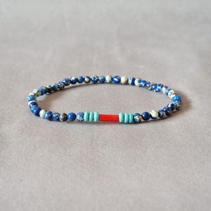 Mens blue bead bracelet with red coral and turquoise