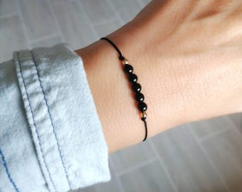 Dainty Black Tourmaline Beaded Bracelet, Minimalist Protection Jewelry