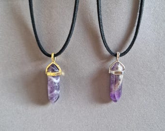 Amethyst Point Necklace, Crystal Pendant on Black Cord, Healing Stone Jewelry