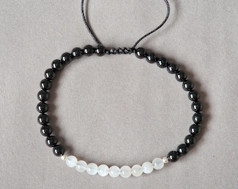 Black Tourmaline Selenite Bracelet, Sterling Silver Accent, Protection Jewelry