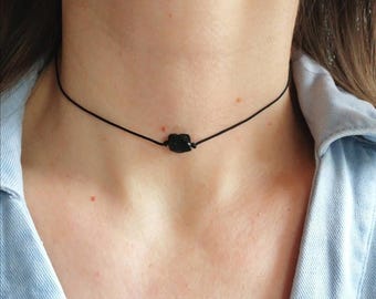 Raw Black Tourmaline Choker, Waterproof Cord Necklace