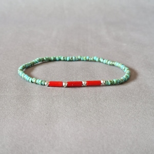 Turquoise bracelet with red coral, men beaded bracelet, coral jewelry