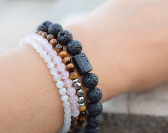 Black Tourmaline Bracelet: Raw Nugget, Lava Bead, Energy Shield