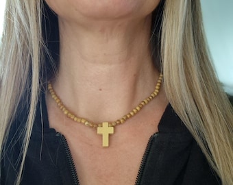 Cross necklace, dainty wood necklace, mens bead necklace