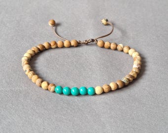 Mens bead bracelet, petite jasper bracelet with turquoise, gift for men