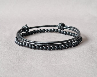 Black bracelets set, men's beaded bracelet