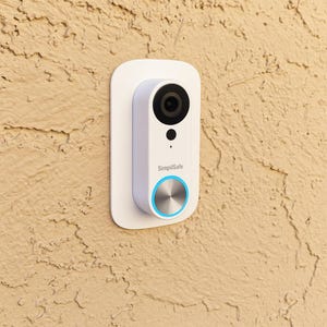 May include: A white SimpliSafe video doorbell camera mounted on a white rectangular base. The camera has a black lens, a silver button with a blue ring, and the SimpliSafe logo.