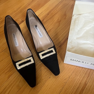 Vintage Manolo Blahnik Black Crystal Buckle Heels – Size 38.5 – With Box & Dust Bag