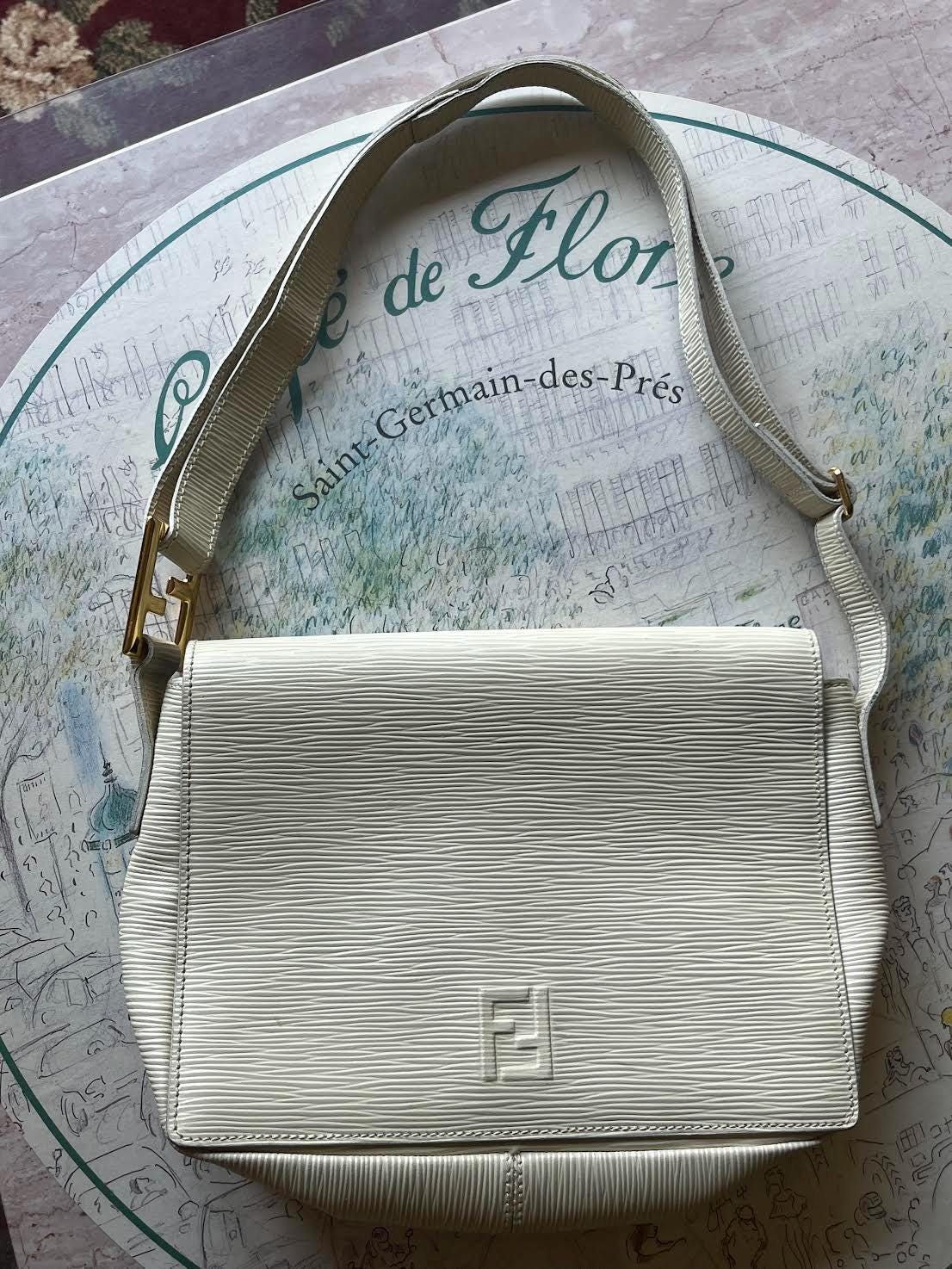 Vintage Fendi Cream Embossed Leather Shoulder Bag with Gold Hardware