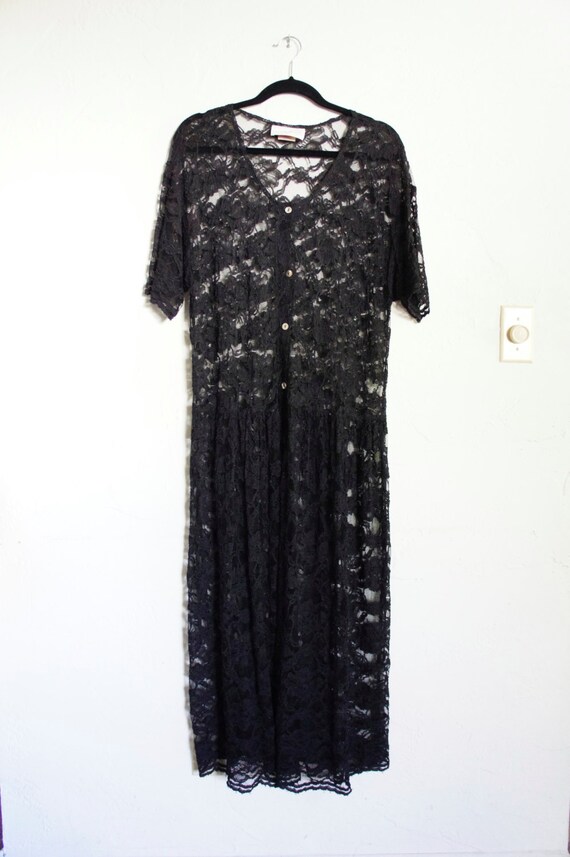 Vintage Black Floral Lace floor length button-down