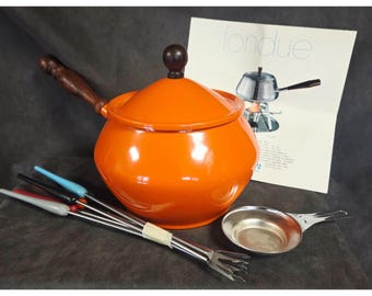 Vintage Dolphin Fondue Pot Orange Enamel Wood Handle w/ Forks MCM 1970s